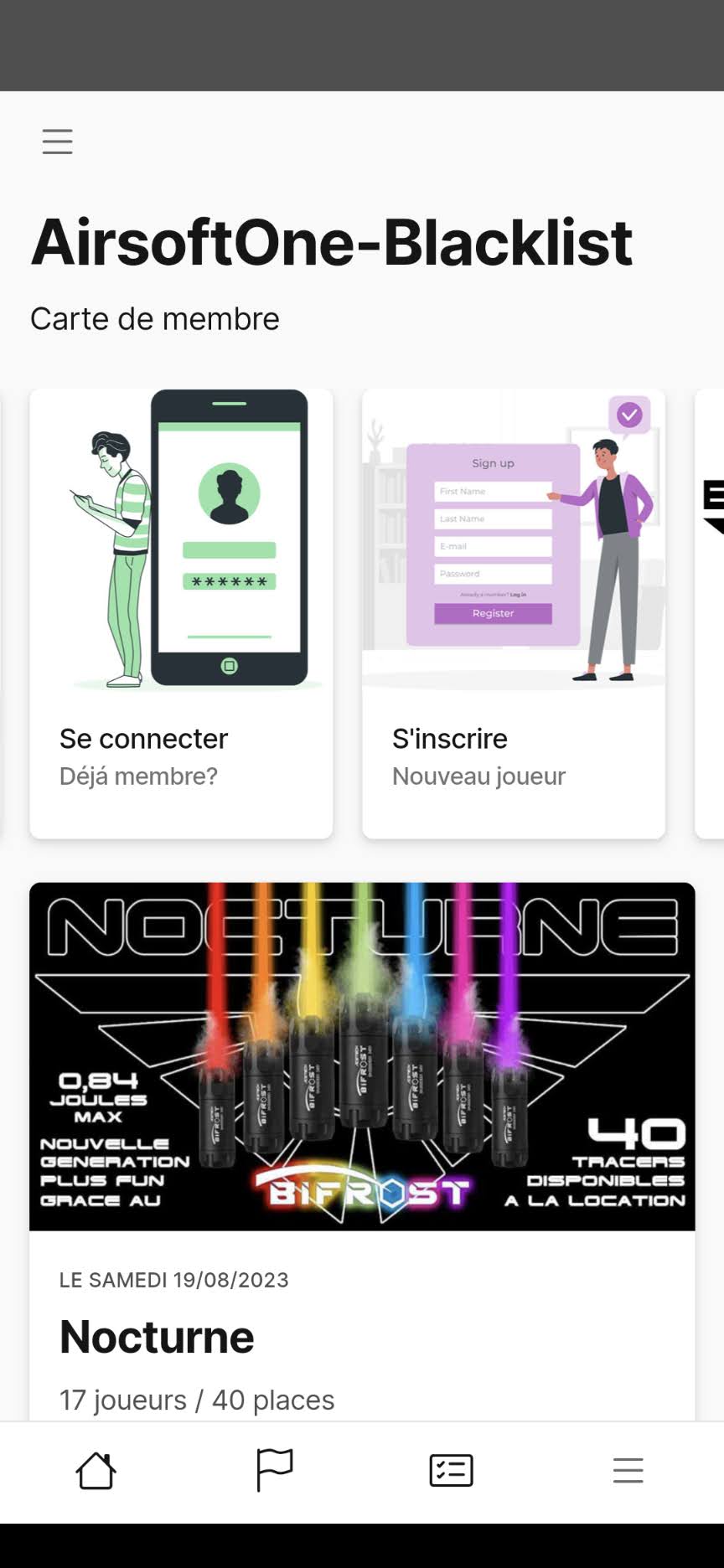 Aperçu de l'application BlackList Airsoft Tarbes sur téléphone